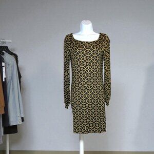 Tart Long Open Sleeve Dress Black Gold Geometric Print Stretch Size S